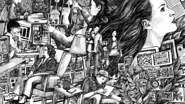 The image is a very detailed, black-and-white sketch-like illustration featuring a complex scene of interconnected figures and technology. The artwork portrays various individuals in different environments to represent the relationship between technology and humans. In the foreground, multiple people are surrounded by computer screens filled with data visualisations, charts, and technical information. A woman seated in an armchair appears deep in thought, surrounded by data-filled monitors. Beside her, a man leans over, using a tablet to assist with their inspection of a plant or tree. In the centre, a figure holds a large frame or screen displaying anatomical illustrations, representing the use of AI to analyse medical imagery. To the left, another person is intently observing a computer screen, while a second figure nearby is deeply immersed in analysing data. A woman dominates the right side of the composition, gazing upwards as if in contemplation or envisioning something beyond the immediate scene. The background features more people, including a family holding hands, and other abstract representations of data.
