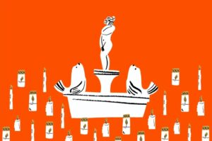 piirroskuva Havis Amanda patsaasta kynttilöiden ympyröimänä