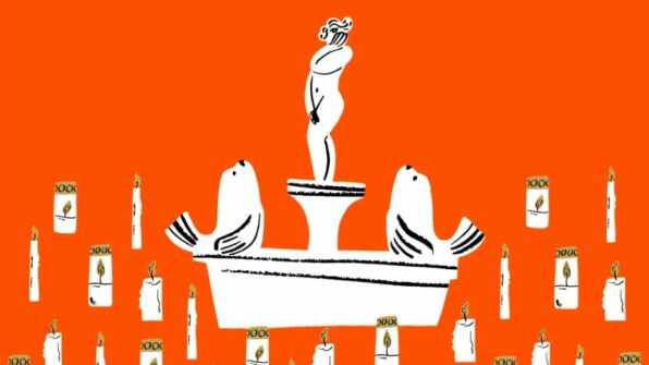 piirroskuva Havis Amanda patsaasta kynttilöiden ympyröimänä